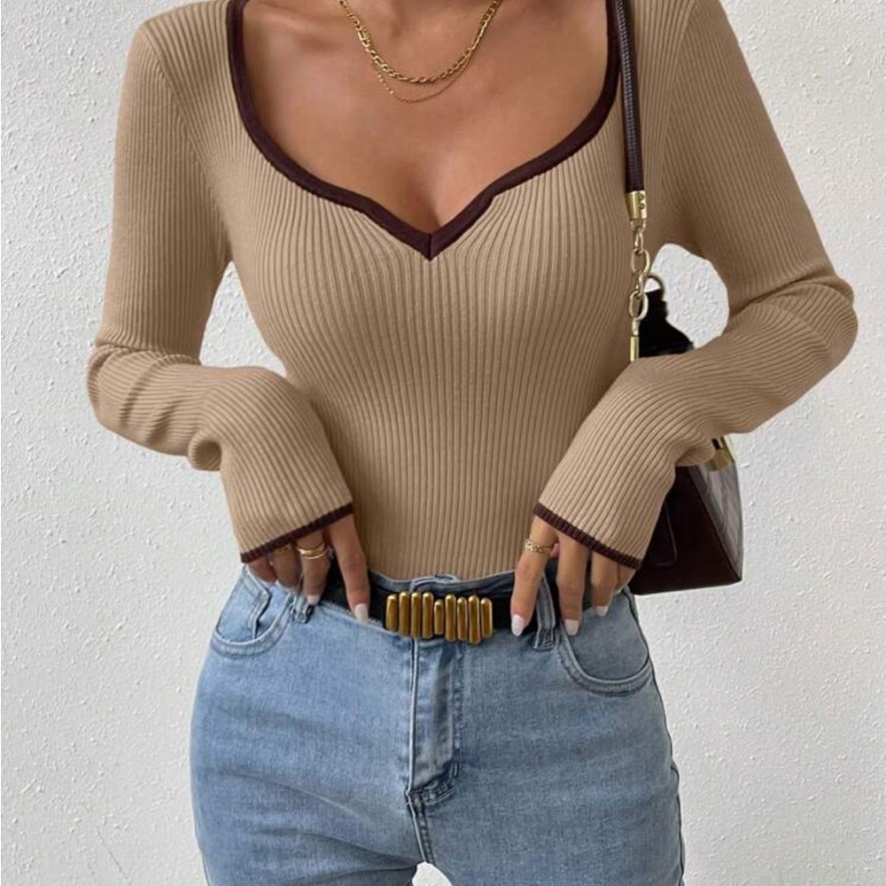 SHEIN Ribbed V-Neck Long Sleeve Top - Tan and Brown